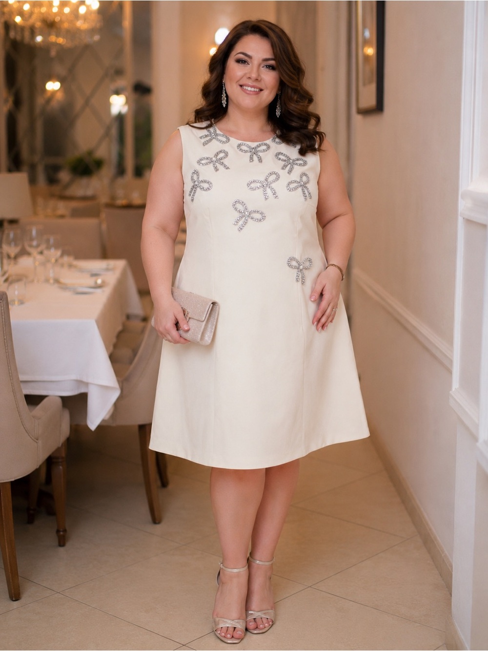 Cream Sleeveless A-Line Dress with Crystal Bow Details